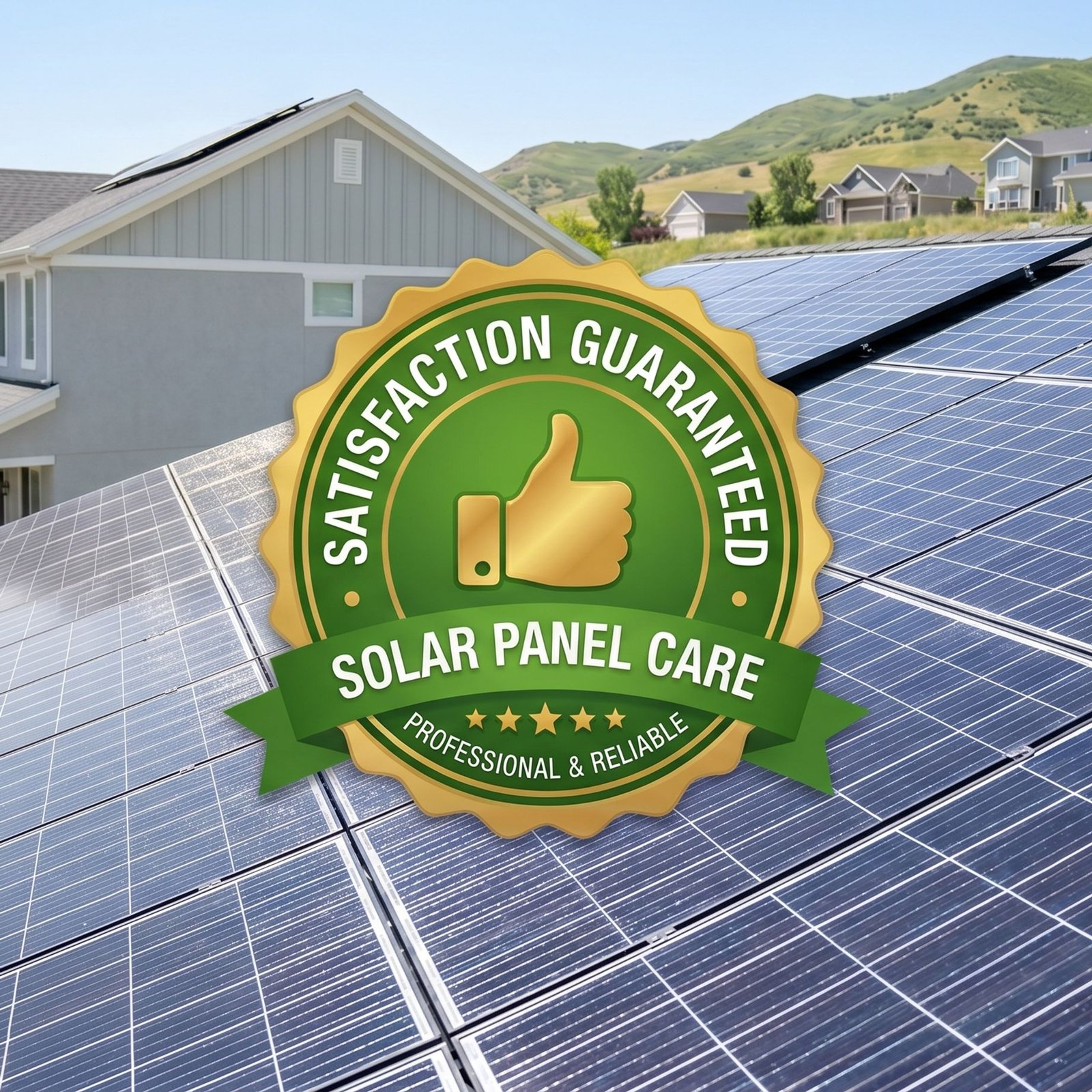 Satisfaction Guaranteed badge over a solar panel installation